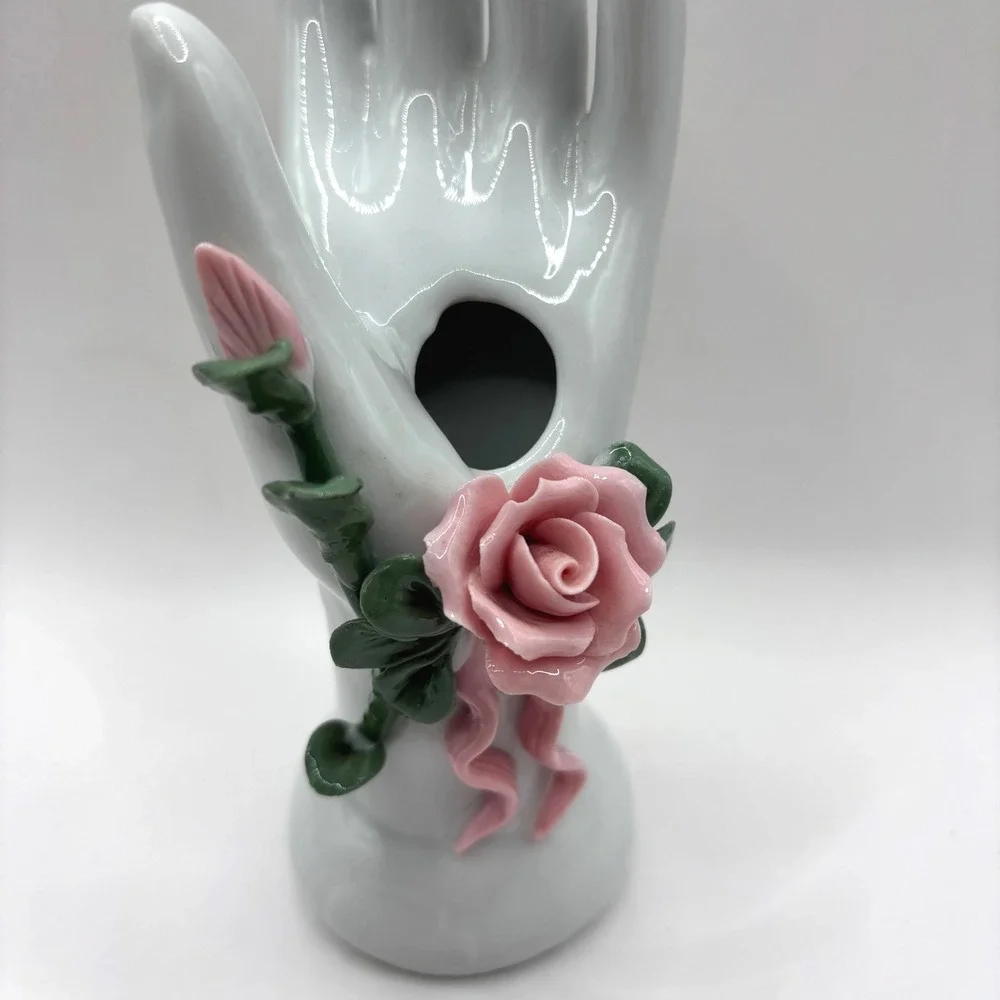 Vintage Porcelain Hand Bud Vase Ring Holder Pink Roses Hand Painted EUC